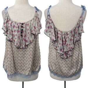 Anna Sui Silk Top Floral Geometric Mixed Print Ruffled Bodice Lace Trim Tank 4